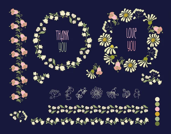 Virágos keret gyűjtemény. Aranyos retro virágok elrendezett gyűjteménye — Stock Vector