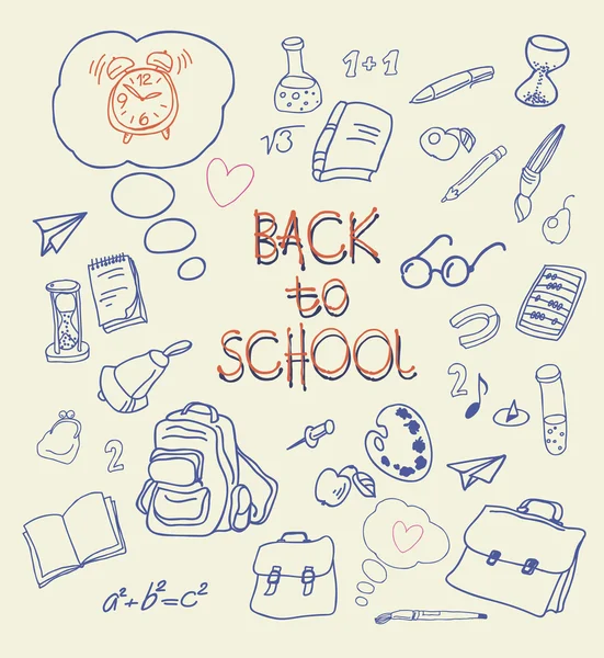 Terug naar school doodles in lichte achtergrond. Vector hand tekenen van pictogrammen. Lineaire afbeelding. — Stockvector