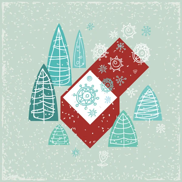 Vintage card with gift box, Christmas trees and snowflakes. — Stock Vector