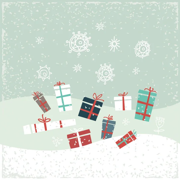 Hediyeler ve kar taneleri Vintage Noel kartı. Vektör çizim.