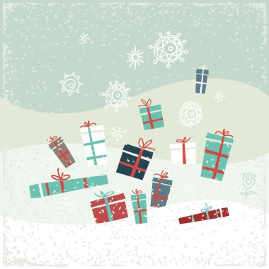 Hediyeler ve kar taneleri Vintage Noel kartı. Vektör çizim.