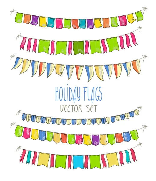 Εικονογράφηση φορέας carlands πολύχρωμο σημαία σε λευκό φόντο. Buntings ρετρό χρώματα και σημαίες. Σύνολο των διακοπών. — Διανυσματικό Αρχείο