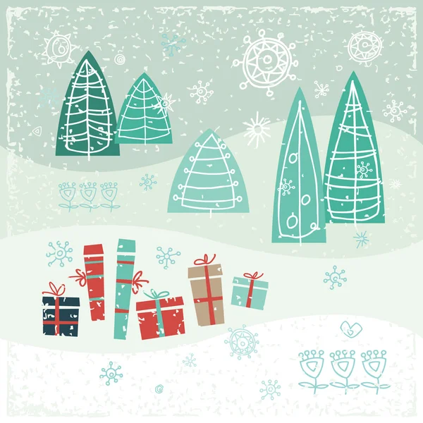 Weihnachtskarte mit Geschenken, Bäumen und Schneeflocken. Vektorillustration. — Stockvektor