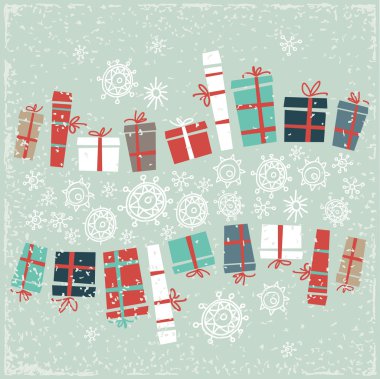 Hediyeler ve kar taneleri Vintage Noel kartı. Vektör çizim.