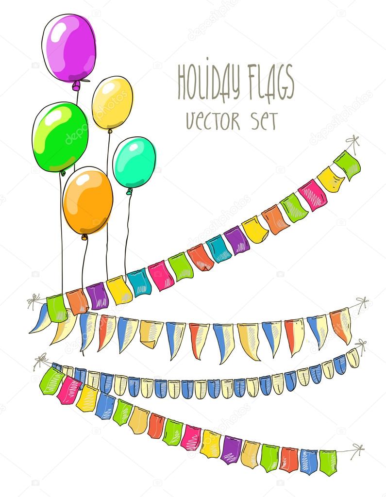 Vector Illustration of colorful flag garlands and air balloons on white  background. Retro colors buntings and flags. Holiday set.