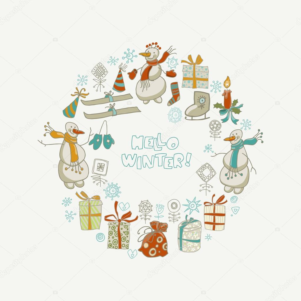 Happy New Year and Christmas card with hand draw elements. Vector illustration. Hello winter.