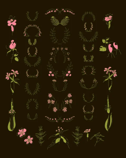 Set of symmetrical floral graphic design elements. Black background. — Stock Vector