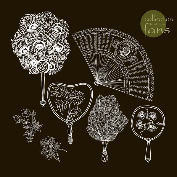 Collection womens old fans. Vector illustration sketch on black background. — Stock Vector