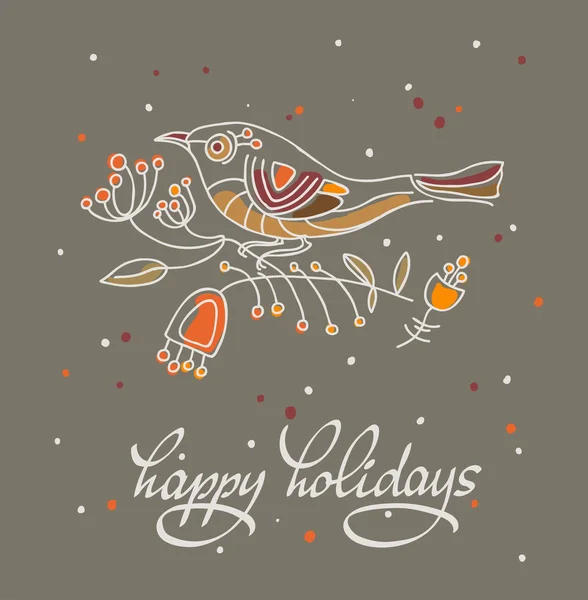 Felices fiestas tarjeta de felicitación con pájaro. Ilustración vectorial — Vector de stock