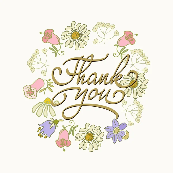 Plantilla de tarjeta con borde de flor dibujado a mano y texto escrito a mano Gracias. Ilustración vectorial — Vector de stock