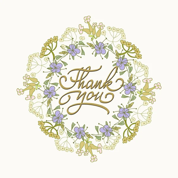 Çiçek sınır ve el teşekkür ederim metin yazılı kartı şablonu el ile çizilmiş. Vektör çizim. — Stok Vektör