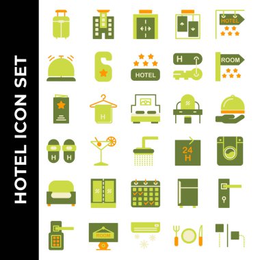Otel simgesi seti bavul, otel, asansör, zil, kapı askısı, otel derecesi, otel odası, oda, menü, havlu, yatak, masa, teslimat, terlikler, duş, çamaşır, koltuk, mobilya, rezervasyon
