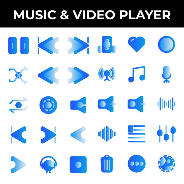 Music & video player icon set include pause, track, music, skip, ahead, skip ahead, back, skip back, shake, shuffle, reload, rewind, audio player, repeat, media player, disc, sound, mute, start