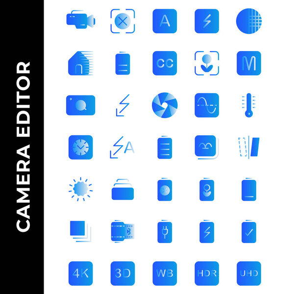 camera editor icon set include camera, flash, photo filter, power, resolution, gallery, image, battery