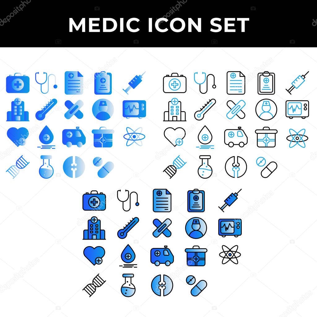 medic icon set include aid, first, kit, health, doctor, medic, medical, stethoscope, prescription, healthy, syringe, hospital, building, thermometer, plaster, nurse, user, cardiograph, heart