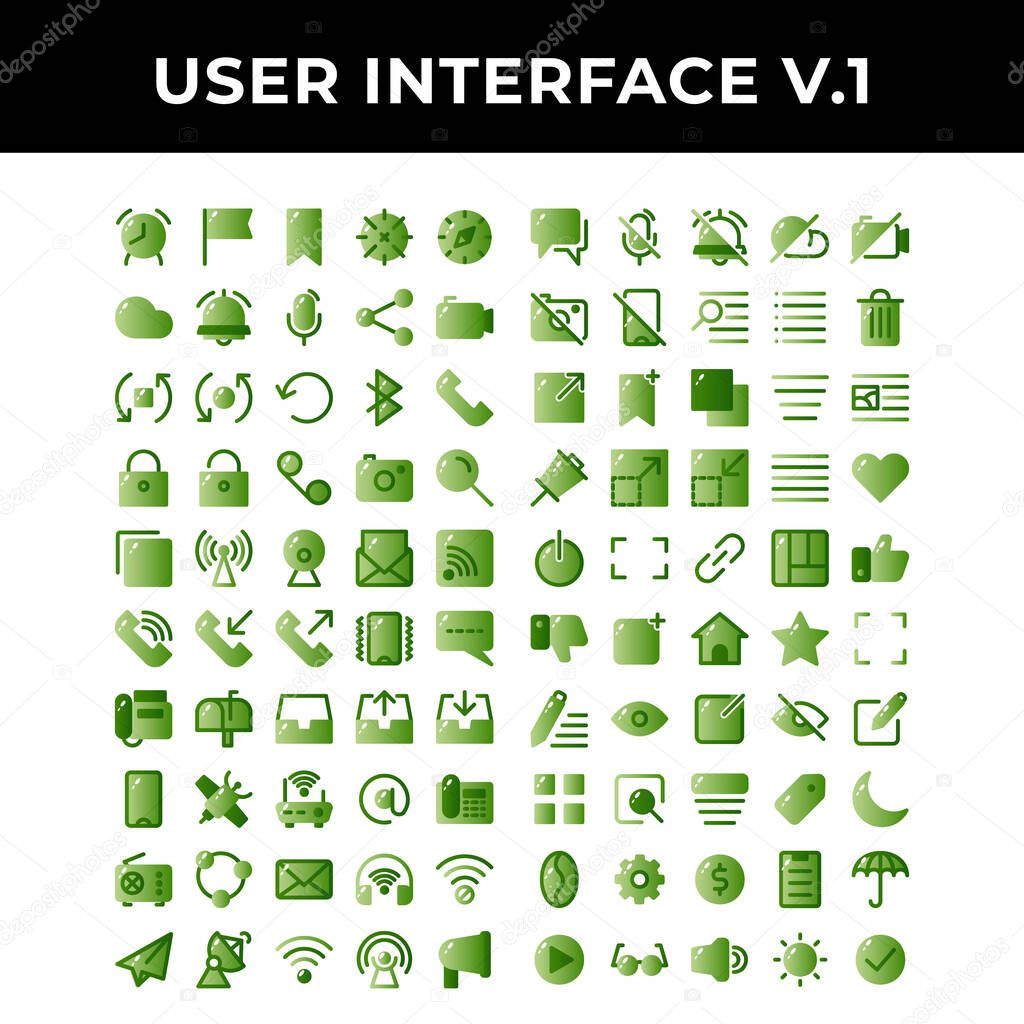 user interface icon set include alarm, checkpoint, bookmark, location, compass, cloud, podcast, share, video, rotate, arrows, restart, blue tooth, call, padlock, mail, camera, magnifying, layer