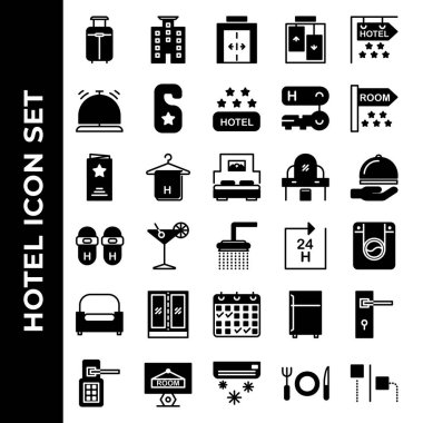 Otel simgesi seti bavul, otel, asansör, zil, kapı askısı, otel derecesi, otel odası, oda, menü, havlu, yatak, masa, teslimat, terlikler, duş, çamaşır, koltuk, mobilya, rezervasyon