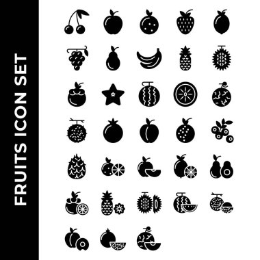 meyve ikonu seti elma, portakal, çilek, limon, üzüm, avokado, muz, ananas, durian, mango, STARFRUIT, WATERMELON, KIWI, kavun, rambutan, nar, şeftali