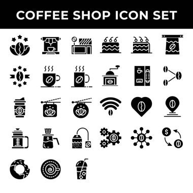 Kahve dükkanı ikonu seti arasında premium kahve, espresso, cafe, kupa, içki, bardak, damla, çanta, kek, kek, fasulye, kiriş, aşk, broş, işlem