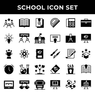 Okul simgesi seti mezuniyet, çalışma, sertifika, yaratıcılık, tartışma, okul, ödül, eğitim, kitap, saat, laboratuvar, çalışma, hesap makinesi, cetvel, sertifika, silgi, bilim