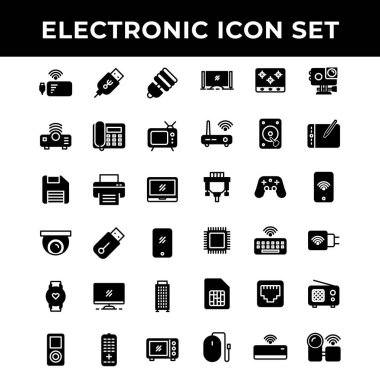Elektronik simge seti arasında elektrik bankası, Port, lamba, projektör, telefon, televizyon, depolama, yazıcı, dizüstü bilgisayar, kamera, flash disk, akıllı telefon, bilgisayar, müzik çalar, mikrodalga fırın, yemek pişirme fırını, yönlendirici,