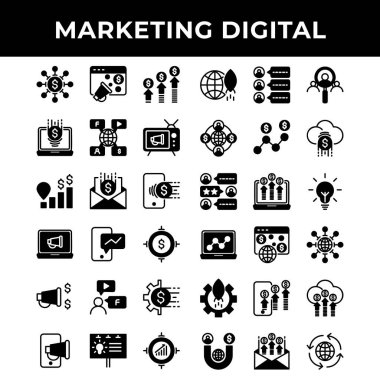 pazarlama dijital simgesi seti arasında tanıtım, reklam, posta, telefon, dizüstü bilgisayar, mikrofon, promosyon, vites, bayrak, hedef, ağ, para, dizüstü bilgisayar, fikir, posta