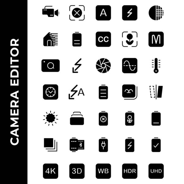 camera editor icon set include camera, flash, photo filter, power, resolution, gallery, image, battery