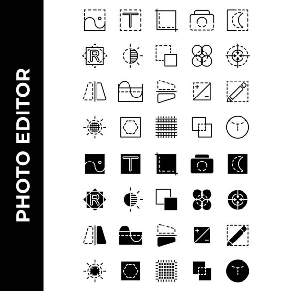 photo editor icon set include camera, flash, photo filter, power, resolution, gallery, image, battery