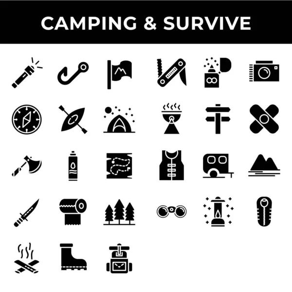 Camping Survive Icon Set Include Flashlight Fishing Flag Compass Kayak — Stock Vector