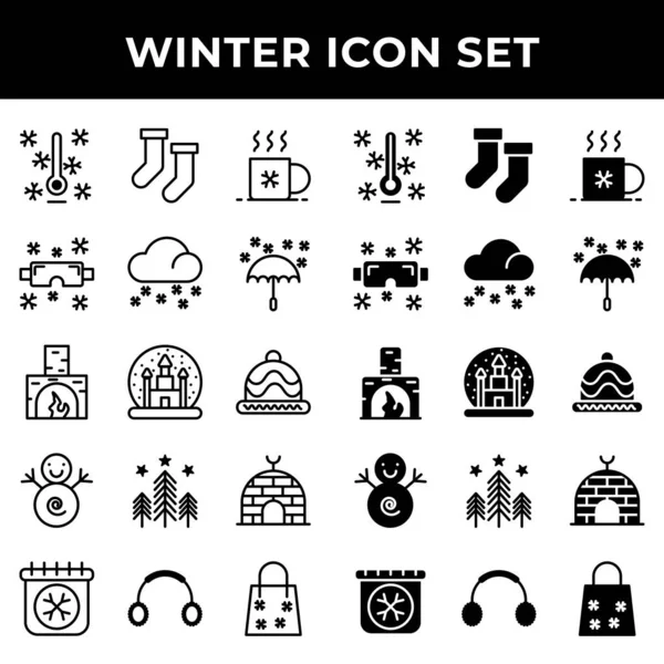 Conjunto Iconos Invierno Incluye Temperatura Calcetines Café Gafas Nieve Lluvia — Vector de stock