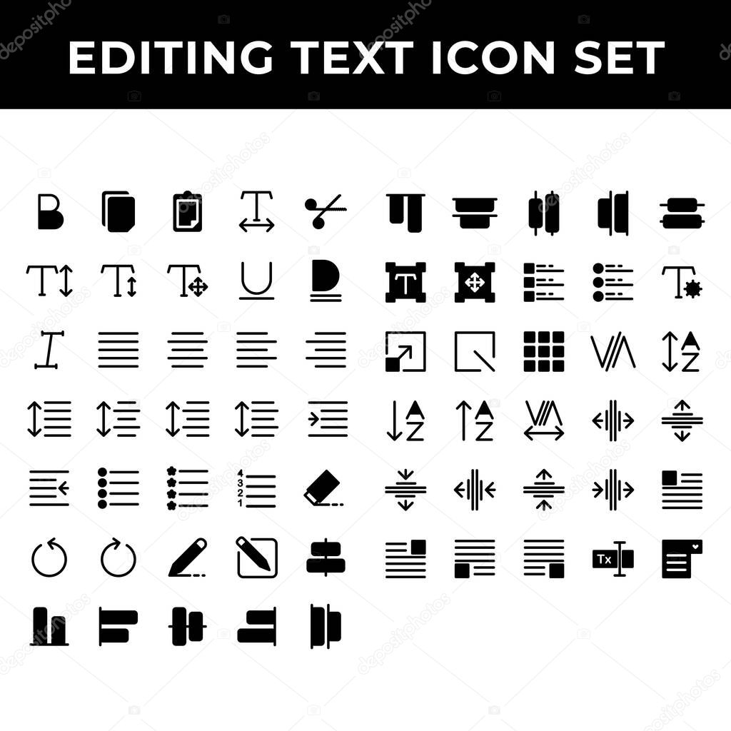 editing text icon set include text bold,document,paste,spacing,increase,redo,align,compose,distribute,scale,grid,kerning,layout