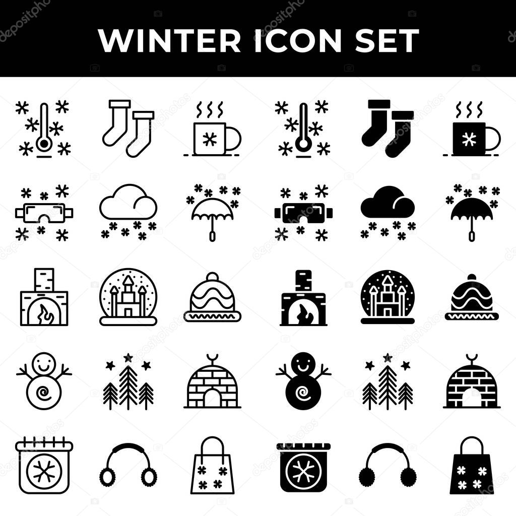 Winter icon set include temperature,socks,coffee,snow glasses,rain,umbrella,fireplace,castle ball,warm,snowman,forest,igloo,calendar,earphone,bag