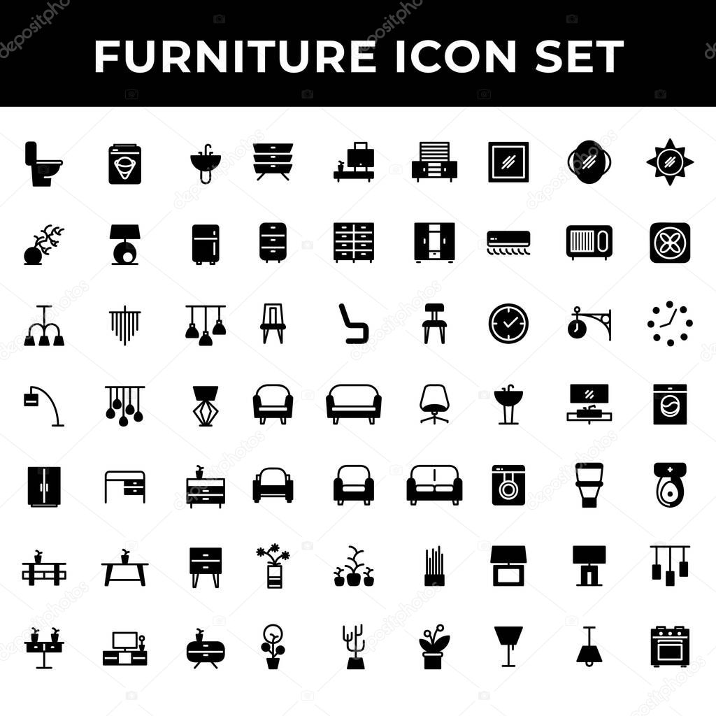 furniture icon set include toilet,washing machine,sink,plant,lamp,refrigerator,chandelier,wardrobe,desk,decoration,chair,sofa,flower,mirror,household,stove