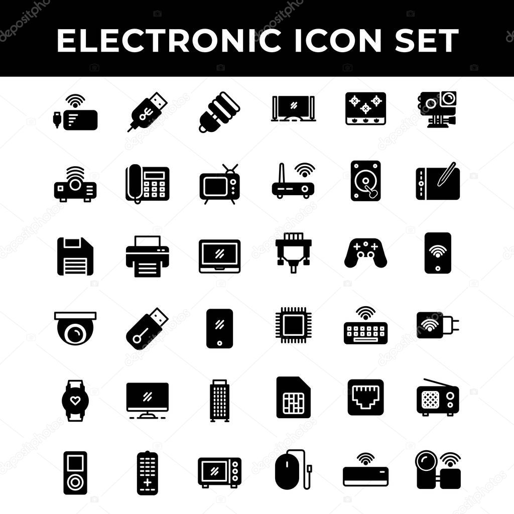 electronic icon set include power bank,Port,lamp,Projector,telephone,television,storage,printer,laptop,camera,flash drive,smart phone,computer,music player,microwave,cooking stove,router