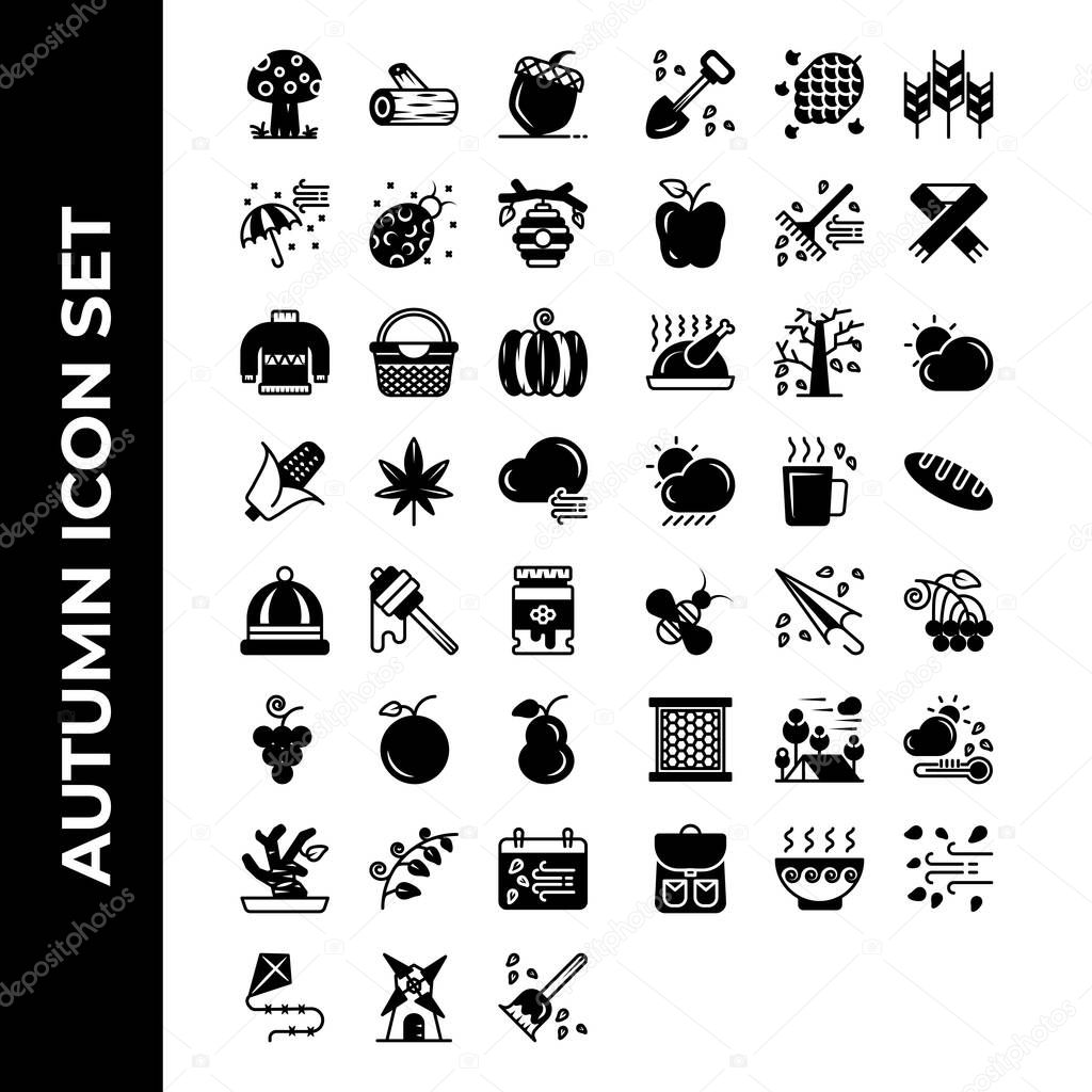 Autumn icon set include mushroom,lumber,chestnut,umbrella,bugs,beehive,sweater,basket,pumpkin,corn,autumn,cloud,beanie,honey,jar,grape,orange,pear,leaves,pine,grain,apple,fork,scarf,chicken,foliage