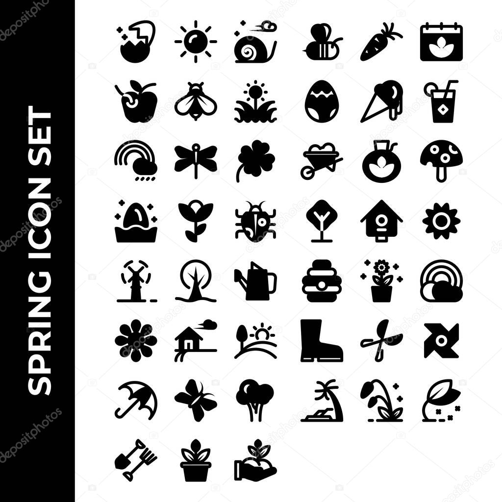 Spring icon set include egg,sun,snail,apple,bee,grass,rainbow,dragonfly,flowers,clover,bug,turbine,sunflower,farm,landscape,umbrella,butterfly,broccoli,fork,pot,hand,carrot,calendar,drink,wheelbarrow