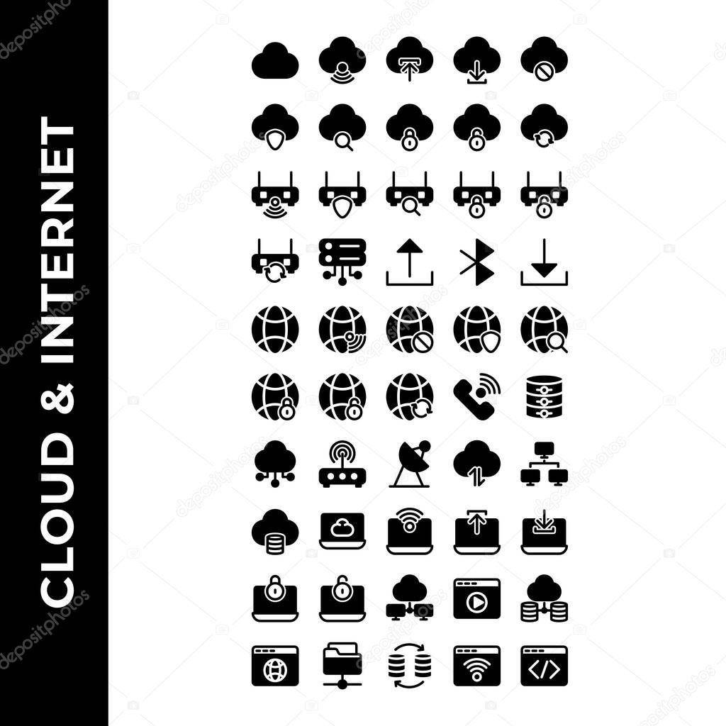 cloud and internet icon set include wifi,upload,download,remove,shield,search,padlock,sync,protect,blue tooth,server,web,block,phone,computing,database,satellite,modem,transfer,lan,web,security