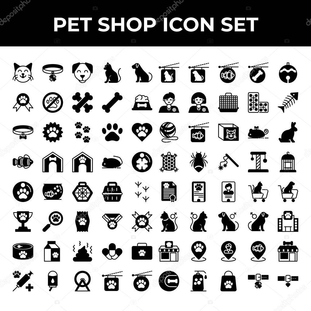 pet shop icon set include cat, collar, dog, medal, bone, food, achievement, paw, love, memo, house, mouse, goldfish, cage, trophy, cat food, milk cat, feces, pills, bag, vaccine, pet drink, pet wheel