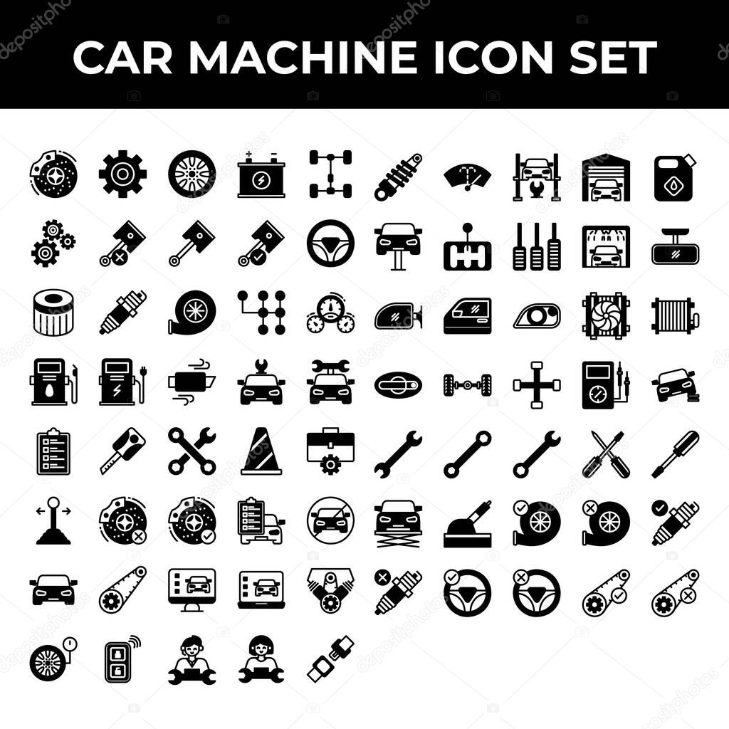 car machine icon set include brake, gear, wheel, battery, repair, part, piston, steering, filter, spark, turbo, transmission, speedometer, fuel, charge, exhaust, car, key, toolkit, cone, stick