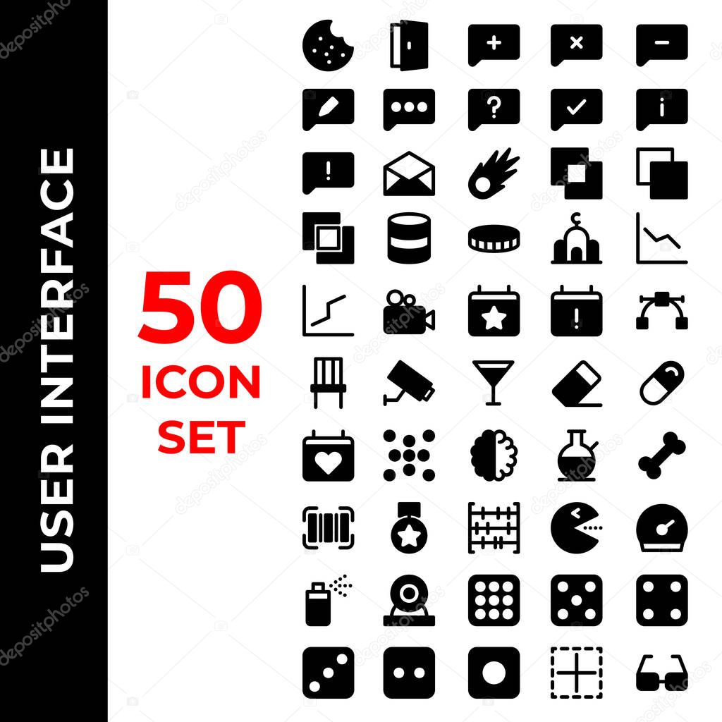 user interface icon set include cookie,door,add,cross,comment,edit,message,question,check,info,warning,envelope,meteor,intersect,trim,divide,database,coin,mosque,chart,camera,calendar,vector,chair