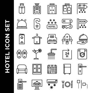 Otel simgesi seti bavul, otel, asansör, zil, kapı askısı, otel derecesi, otel odası, oda, menü, havlu, yatak, masa, teslimat, terlikler, duş, çamaşır, koltuk, mobilya, rezervasyon