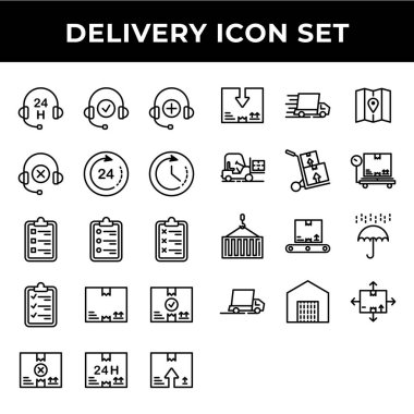 Teslimat simgesi seti; müşteri, pano, paket, teslimat, nakliye, forklift, ölçü, konteyner, envanter, şemsiye, depo