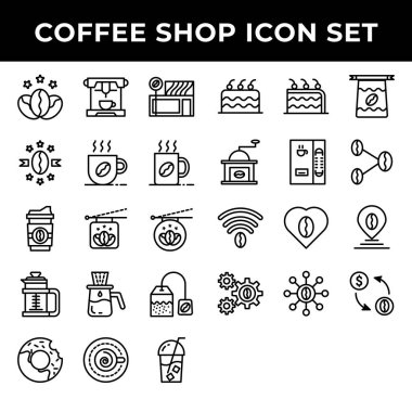 Kahve dükkanı ikonu seti arasında premium kahve, espresso, cafe, kupa, içki, bardak, damla, çanta, kek, kek, fasulye, kiriş, aşk, broş, işlem