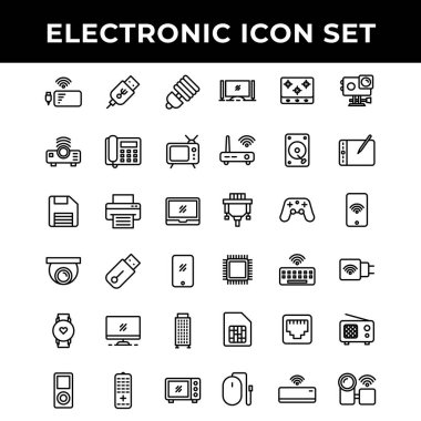 Elektronik simge seti arasında elektrik bankası, Port, lamba, projektör, telefon, televizyon, depolama, yazıcı, dizüstü bilgisayar, kamera, flash disk, akıllı telefon, bilgisayar, müzik çalar, mikrodalga fırın, yemek pişirme fırını, yönlendirici,