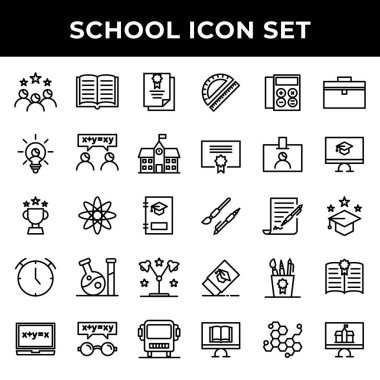 Okul simgesi seti mezuniyet, çalışma, sertifika, yaratıcılık, tartışma, okul, ödül, eğitim, kitap, saat, laboratuvar, çalışma, hesap makinesi, cetvel, sertifika, silgi, bilim