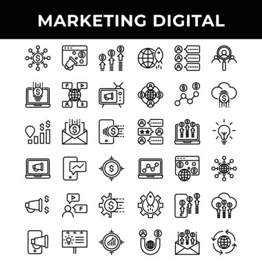 pazarlama dijital simgesi seti arasında tanıtım, reklam, posta, telefon, dizüstü bilgisayar, mikrofon, promosyon, vites, bayrak, hedef, ağ, para, dizüstü bilgisayar, fikir, posta