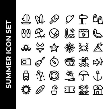 Yaz ikonu setinde yelken, sörfçü, dondurma, terlik, güneş yatağı, top, plaj, bikini, deniz yıldızı, kamera, gitar, pusula, çanta, meyve suyu, can simidi, sörf tahtası, plaj kıyafeti, paletler, karpuz, yelken, yengeç, çadır