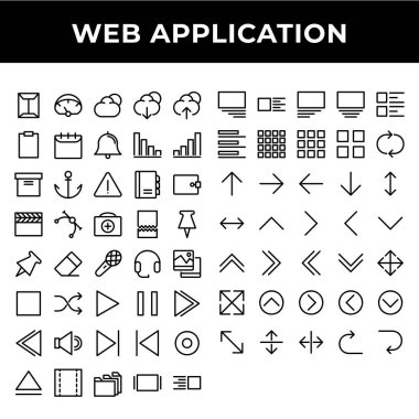 Web uygulama simgesi seti zarf, panel, bulut, indirme, yükleme, pano, takvim, zil, bar, arşiv, sunucu, alarm, ajanda, cüzdan, video, vektör, destek, makbuz, pin, silgi, mikrofon, kulaklık içerir
