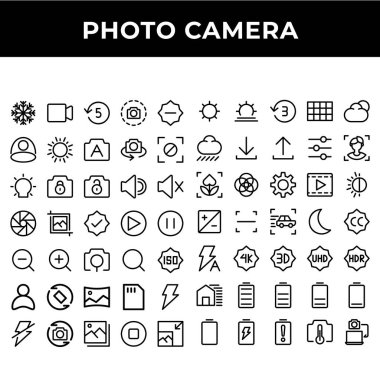 photo camera icon set include mode, video, timer, screen shot, camera, sun, photo, light bulb, padlock, speaker, shutter, crop, accept, play, pause, search, iso, user, rotate, panorama, micro sd clipart