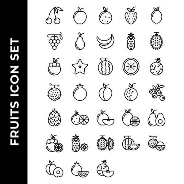 Fruits Icône Ensemble Comprennent Pomme Orange Fraise Citron Raisin Avocat — Image vectorielle